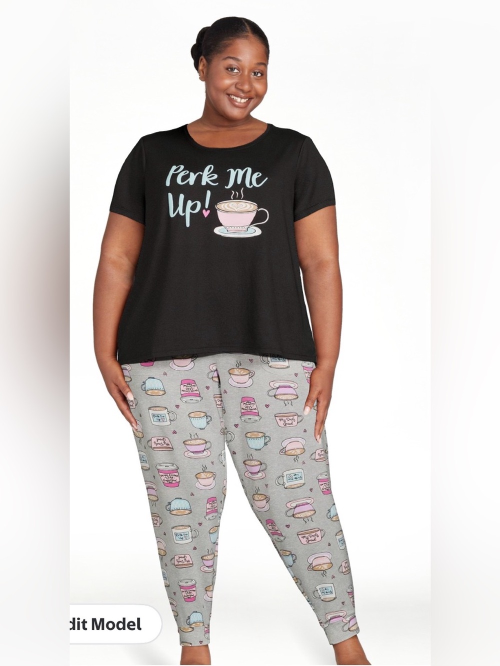 Secret Treasures Black Top and Gray Coffee-Print Pajama Set